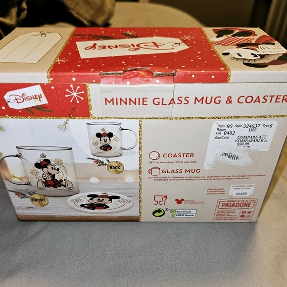 Disney Christmas Minnie Mouse Glass Mug and Coaster Set Gift Box Red Plaid - Picture 4 of 4